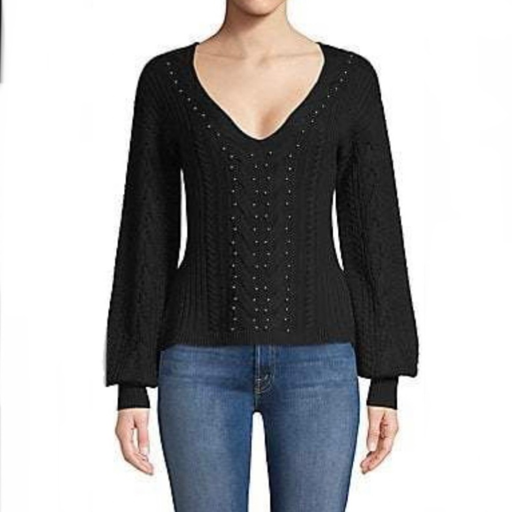 Ramy Brook Claude Sweater XS Black Merino Wool Cable Knit Studded